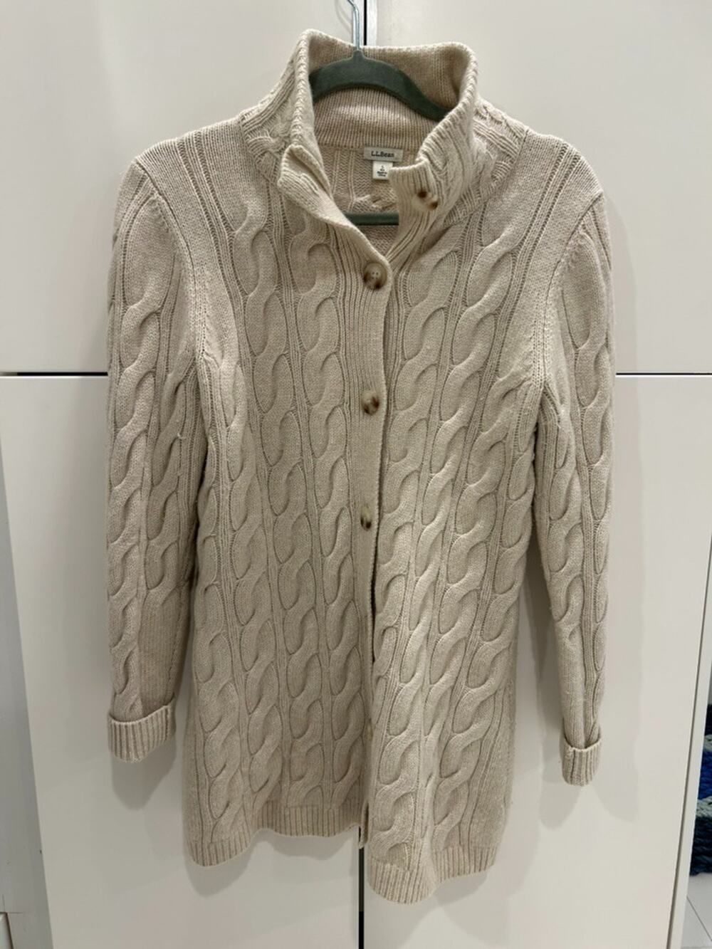 LL Bean Womens S Cable Knit Cardigan Cream Wool Blend Long Sweater 278406